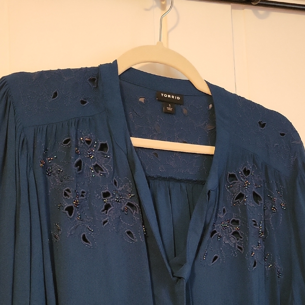 Torrid Blue Embellished Long Sleeve Blouse